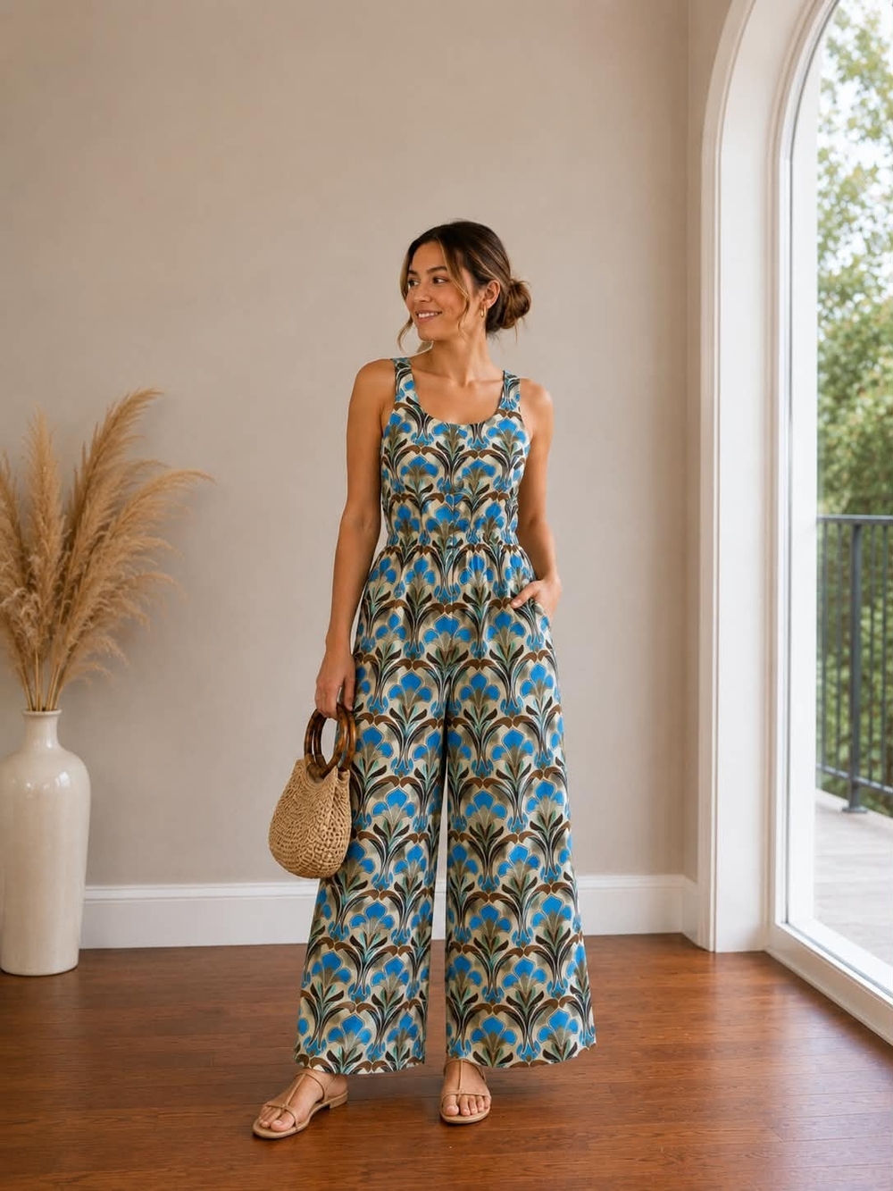 Lauren Vidal Blue and Cream Botanical-Print Wide Leg Jumpsuit